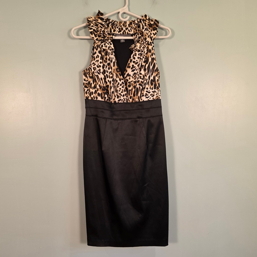 Donna Ricco New York Leopard Print Ruffle Sheath Dress Black Satin Size 6 Party